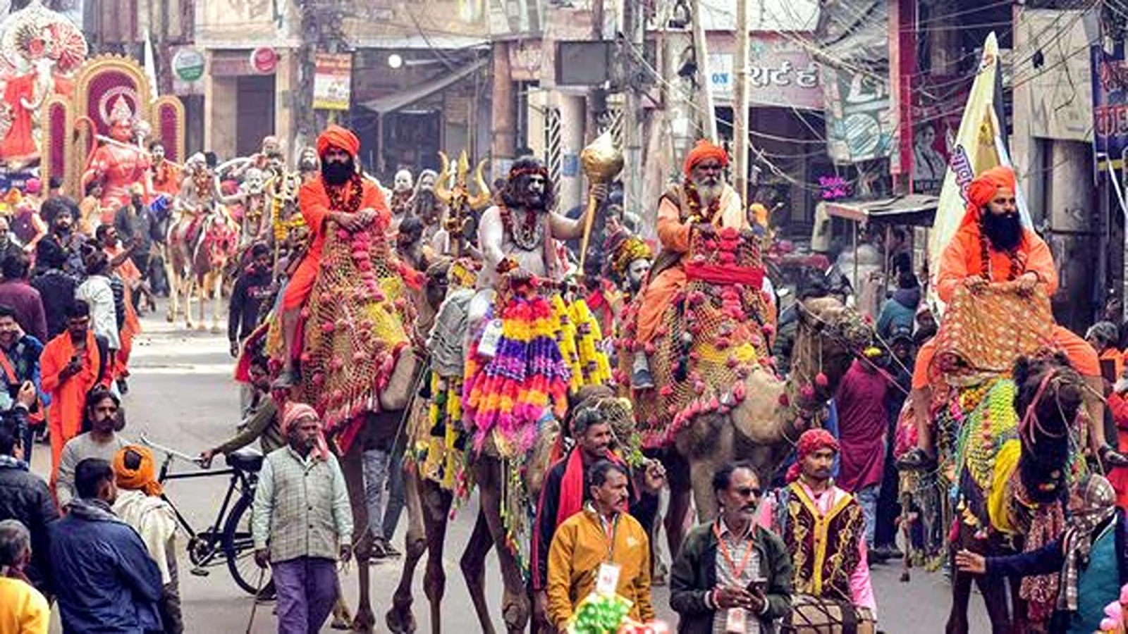 Sadhus of Shri Panchayati Nirmal Akhada during the royal entry procession or 'Chavni Pravesh' for the Mahakumbh 2025, in Prayagraj.